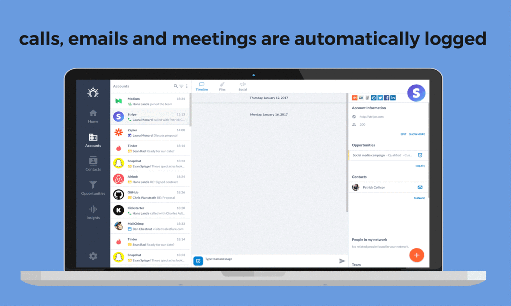 Laptop displaying salesflare's call, email, and meeting logging features. Automatically logged activity shown on screen.