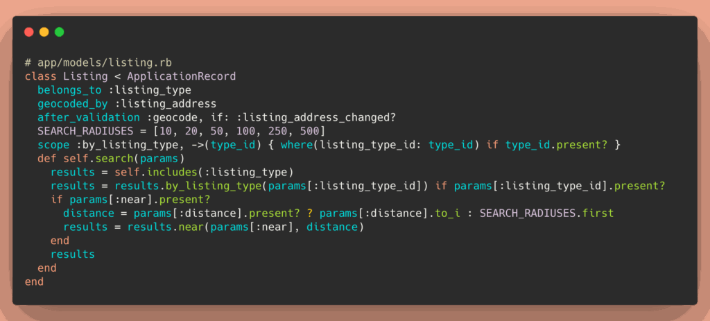 Rails code example: multi-filter search using Geocoder for location, type, and distance.