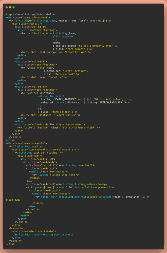 Rails code example: multi-filter search by location, property type, and distance.