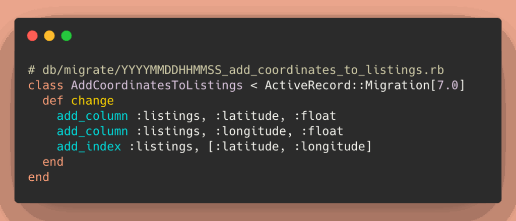 Rails migration adding latitude and longitude columns to listings table for location-based search.